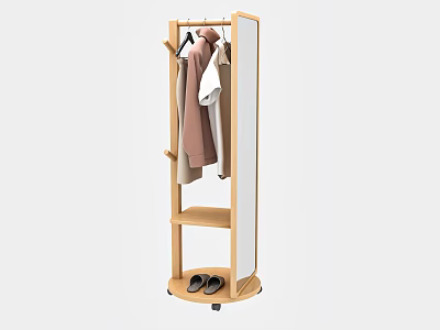Modern Wooden Wardrobe With Minimalist Design Mirror Hanging Rod And Shoe Shelf 3d model