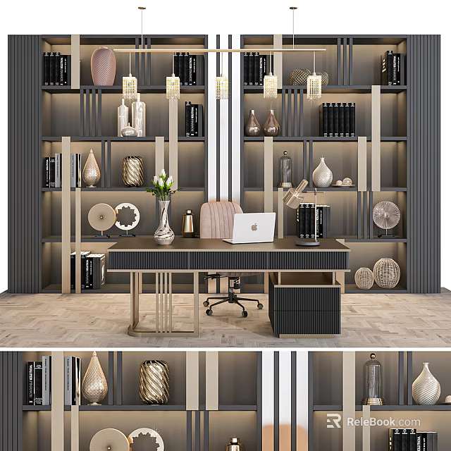 Stylish Modern Office Desk with Bookshelves Decorative Vases Hanging Lamps Laptop and File Cabinet 3d model 
