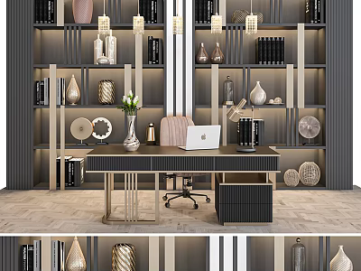 Stylish Modern Office Desk with Bookshelves Decorative Vases Hanging Lamps Laptop and File Cabinet 3d model