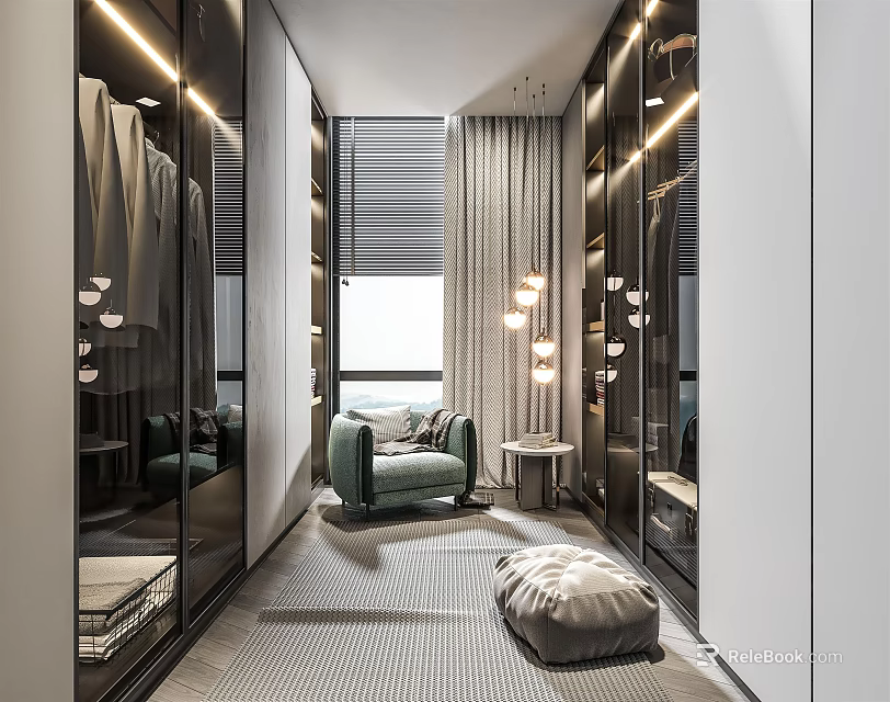 Modern Luxury Walk in Closet Design With Mirrored Walls Glass Doors And Cozy Armchair 3d model 