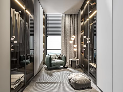 Modern Luxury Walk in Closet Design With Mirrored Walls Glass Doors And Cozy Armchair 3d model
