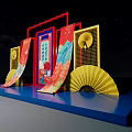 Traditional Chinese Shehuo Cultural Festival Decoration With Red Frames Scrolls And Yellow Fans