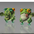 Two Cute Green Frog Toys With Wings Orange and Yellow Eyes White Belly Spotted Bodies
