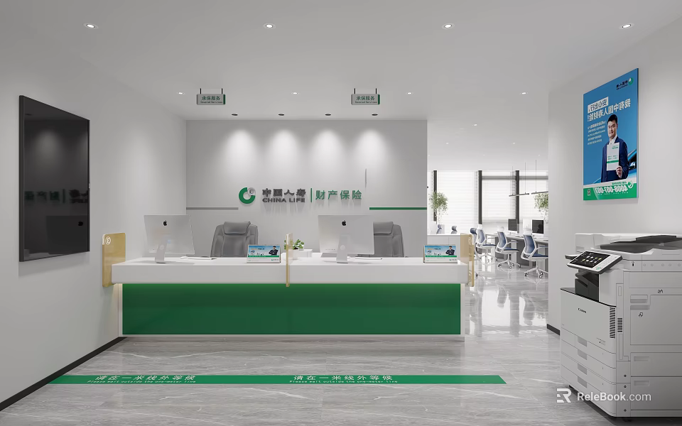 Modern Service Hall Interior With Green Counter Office Equipment And Waiting Seats 3d model 