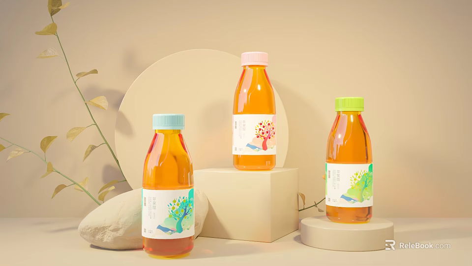 Orange Bottled Drinks With Pastel Colored Caps And Decorative Labels Displayed On Platforms With Plants 3d model 