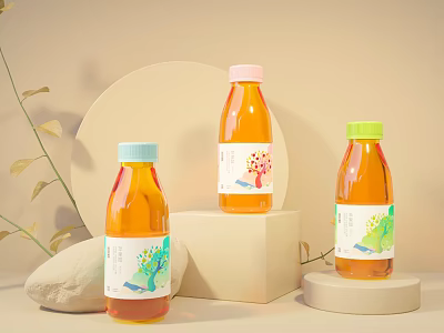 Orange Bottled Drinks With Pastel Colored Caps And Decorative Labels Displayed On Platforms With Plants 3d model