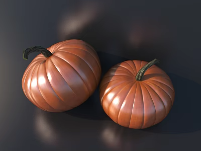 Two Fresh Ripe Orange Striped Pumpkins With Green Stems On Dark Background 3d model