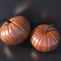 Two Fresh Ripe Orange Striped Pumpkins With Green Stems On Dark Background