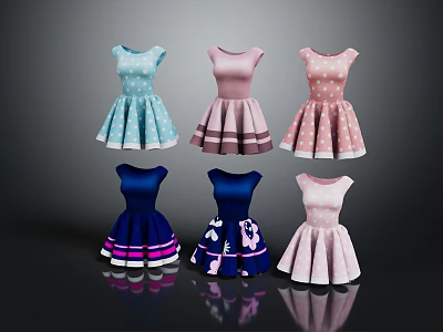 Stylish Women's Dresses in Various Colors with Polka Dots Stripes and Floral Patterns 3d model