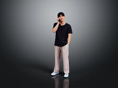 A Man Talking on Phone in Black T-Shirt Beige Pants White Shoes Against Grey Background 3d model