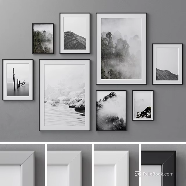 Multiple Black and White Photo Frames Gallery Wall with Landscape Art Prints 3d model 