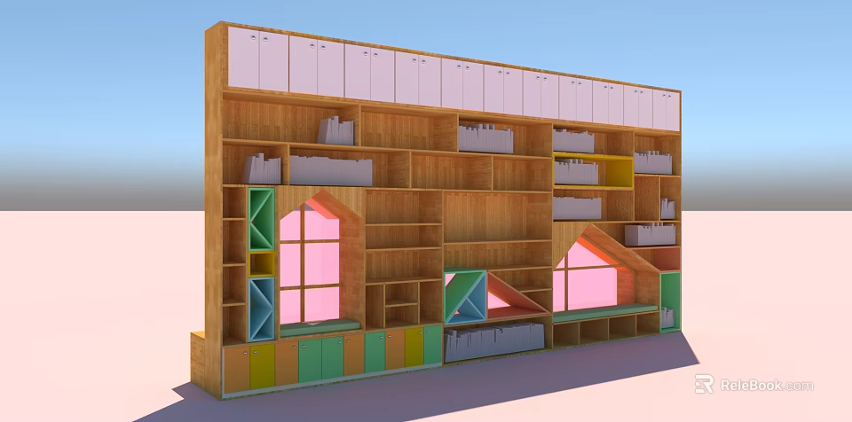 Wooden Bookcase With Colorful Doors Pink Window Designs And Open Shelves With Books 3d model 