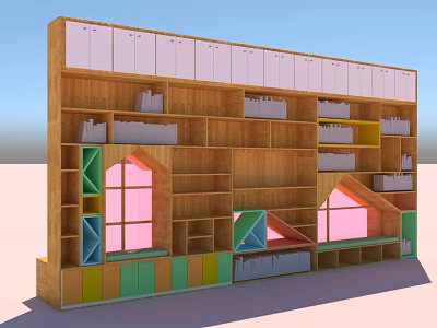Wooden Bookcase With Colorful Doors Pink Window Designs And Open Shelves With Books 3d model
