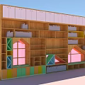 Wooden Bookcase With Colorful Doors Pink Window Designs And Open Shelves With Books