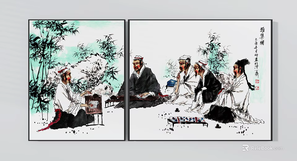 Traditional Chinese Figure Painting Depicting Ancient Scholars Gathering In Bamboo Grove Playing Chess 3d model 