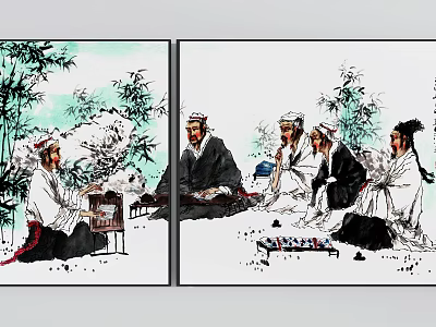 Traditional Chinese Figure Painting Depicting Ancient Scholars Gathering In Bamboo Grove Playing Chess 3d model