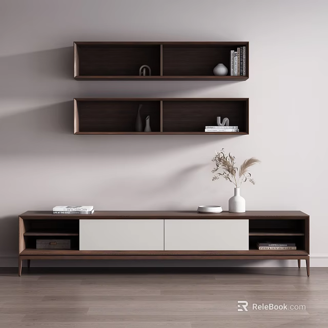 Modern Walnut TV Stand With White Drawers Shelves Vase And Dried Plants 3d model 