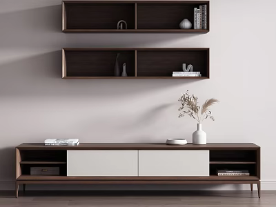 Modern Walnut TV Stand With White Drawers Shelves Vase And Dried Plants 3d model