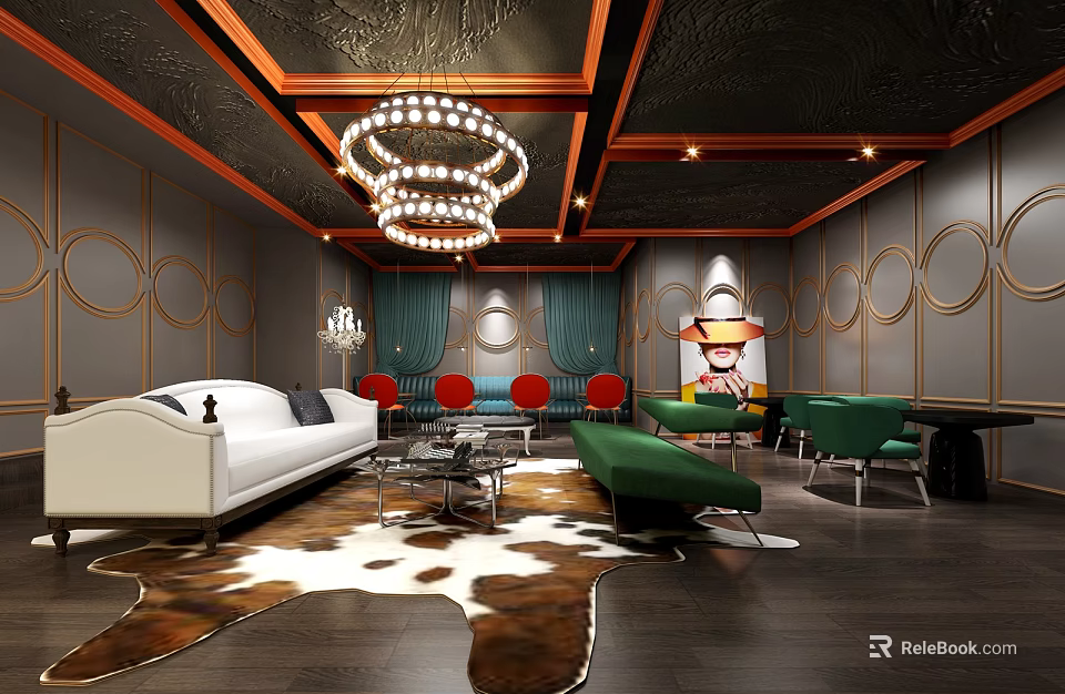 Luxurious Bar Interior with Chandelier Sofa Carpet Circular Decorations and Wooden Floors 3d model 