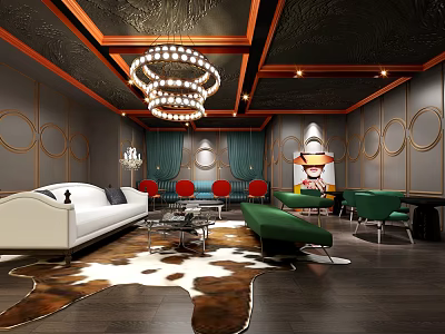 Luxurious Bar Interior with Chandelier Sofa Carpet Circular Decorations and Wooden Floors 3d model