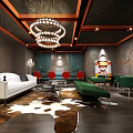 Luxurious Bar Interior with Chandelier Sofa Carpet Circular Decorations and Wooden Floors