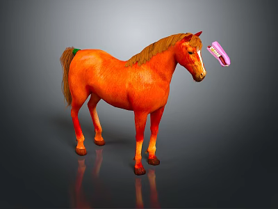 Orange Horse Standing With Pink Tag On Gray Background With Reflection 3d model