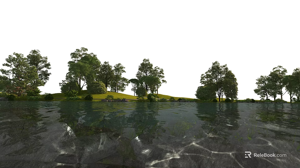 Serene Natural Landscape With Calm Water Surface Lush Green Trees And Reflections 3d model 