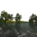 Serene Natural Landscape With Calm Water Surface Lush Green Trees And Reflections