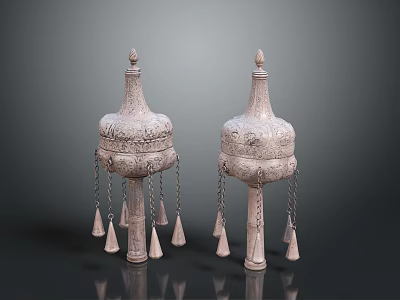 Two Traditional Sculptural Carvings With Ornate Tops Intricate Patterns And Hanging Tassels 3d model