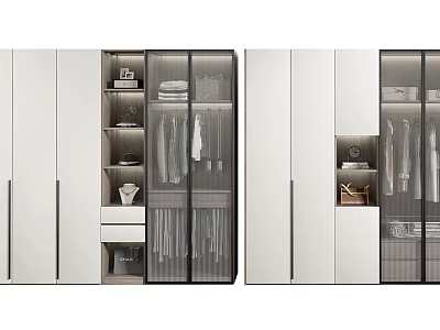 Modern Wardrobe Interior Design With Glass Doors Mirrored Panels And Storage Compartments 3d model