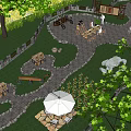 Rural Landscape Featuring Winding Stone Pathways Lush Lawn Stone Walls Wooden Tables And White Umbrella