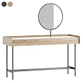 Modern Dressing Table With Round Mirror Wooden Drawers And Metal Frame Structure Design