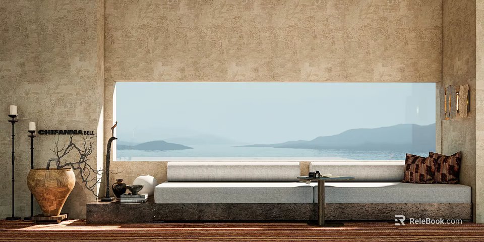 Cozy Homestay Guest Room With Comfortable Sofa Large Window Mountain View And Wooden Floor 3d model 