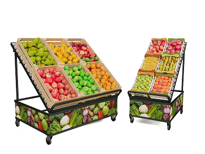 Colorful Fresh Fruits on Wheeled Display Racks with Decorative Vegetable Pattern Bases 3d model