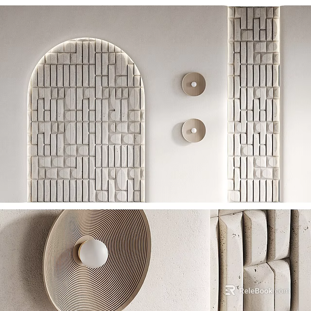 Modern Textured Wall Design With Arched Stone Brick And Circular Lighting Fixtures 3d model 