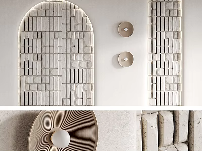 Modern Textured Wall Design With Arched Stone Brick And Circular Lighting Fixtures 3d model