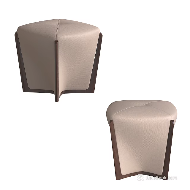 Modern Beige Leather Footstool With Dark Wooden Legs And Upholstered Design 3d model 