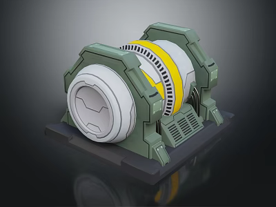 Futuristic Cylindrical Sci Fi Mechanical Device With Green Frame Yellow Ring Gray Base And Vent Grilles 3d model