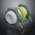 Futuristic Cylindrical Sci Fi Mechanical Device With Green Frame Yellow Ring Gray Base And Vent Grilles