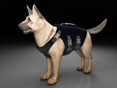 German Shepherd Dog In Black Harness Standing On Gray Background 3d model