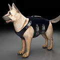 German Shepherd Dog In Black Harness Standing On Gray Background