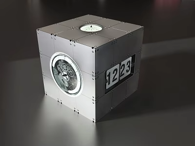 Silver Cube Shaped Clock With Metallic Surface And Circular Dial Numbers 12 2 3 3d model