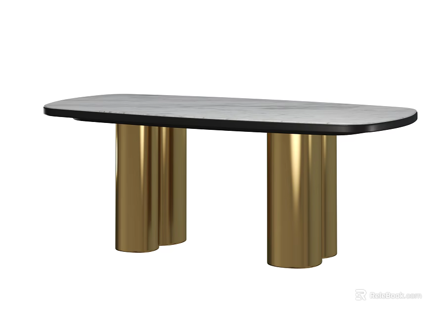 Modern Dining Table With Black Marble Top And Gold Cylindrical Legs 3d model