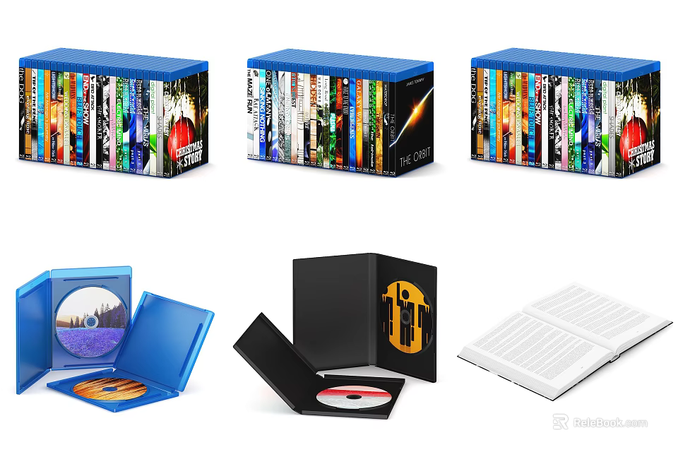 Digital Disc Packaging Blue Boxes With Colorful Graphics Open Cases And Disc Holders 3d model