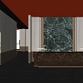 Modern Sales Office Interior With Red Ceiling Marble Backdrop And White Pillars 3d model