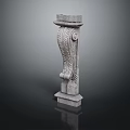 Gray Stone Decorative Column With Intricate Carvings And Textured Surface