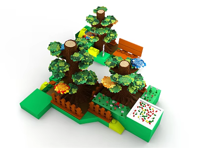 Building Blocks Creative Scene Featuring Trees Bench Fence And Colorful Pieces 3d model