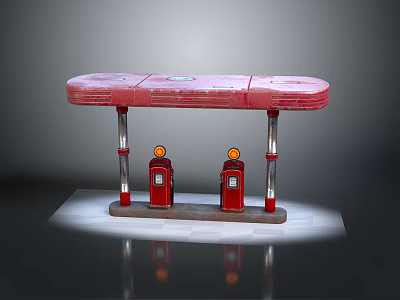 Red Gas Station Model With Two Red Fuel Pumps And Red Canopy Supporting Pillars 3d model