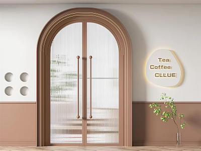 Brown Arched Double Doors With Ribbed Glass Tea Coffee CLUB Sign And Small Plant 3d model