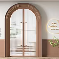 Brown Arched Double Doors With Ribbed Glass Tea Coffee CLUB Sign And Small Plant
